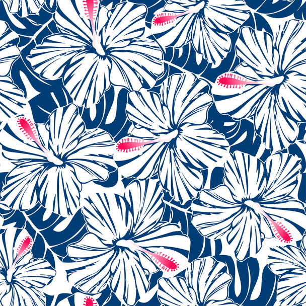 Blue tropical hibiscus and palm seamless pattern - Vector, Image