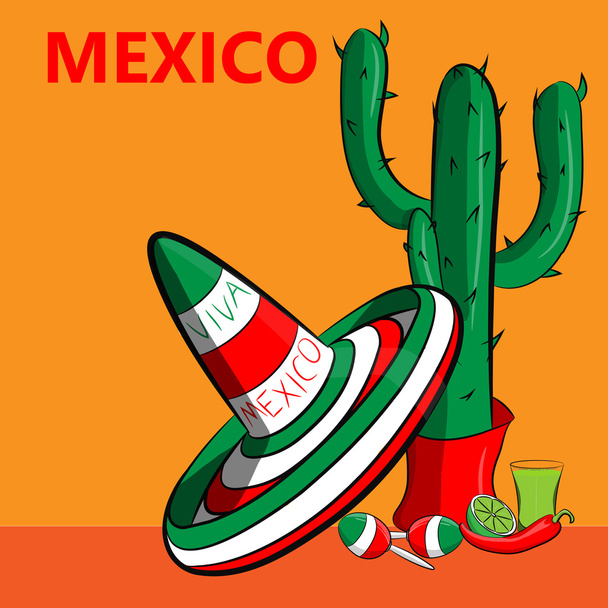 plakát s sombrero, kaktusy, tequilu, maracas, červenou paprikou a textem - Vektor, obrázek