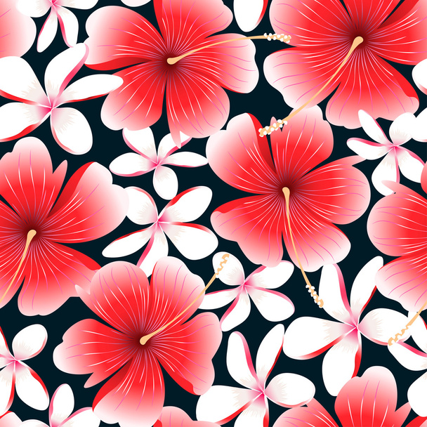 フランジパニのシームレスなパターンを持つ赤の熱帯ハイビスカスの花 - ベクター画像