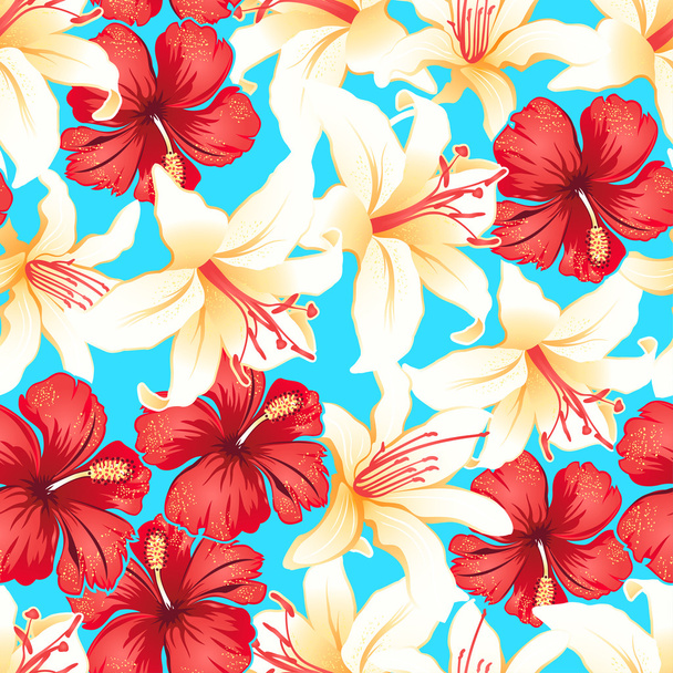 Red, white and yellow tropical hibiscus flowers seamless pattern - Vector, Image