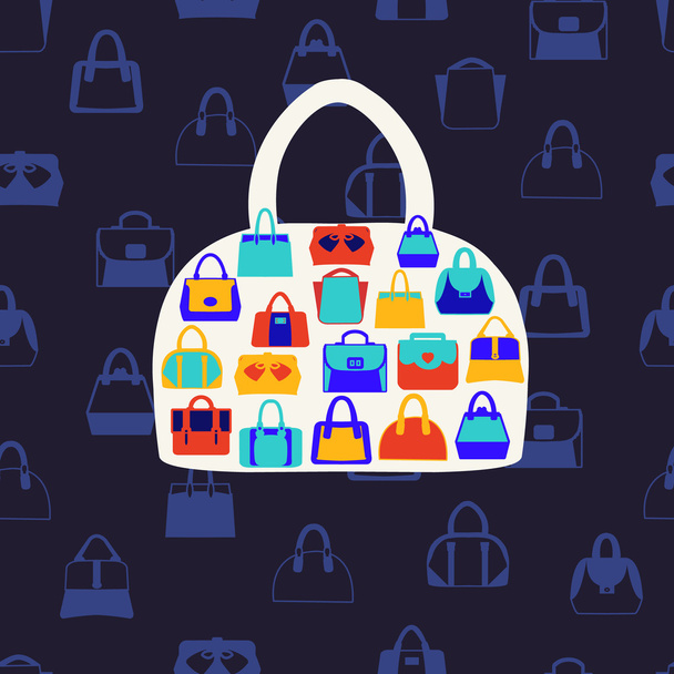  Women bags and  handbags. Fashion Pattern on dark blue backgrou - Вектор, зображення