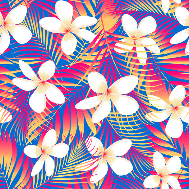tropische Blumen mit Blättern mit nahtlosem Muster - Vektor, Bild