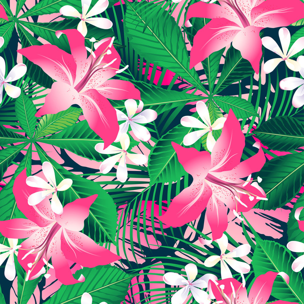 Tropical hibiscus floral 2 seamless pattern - Vector, imagen