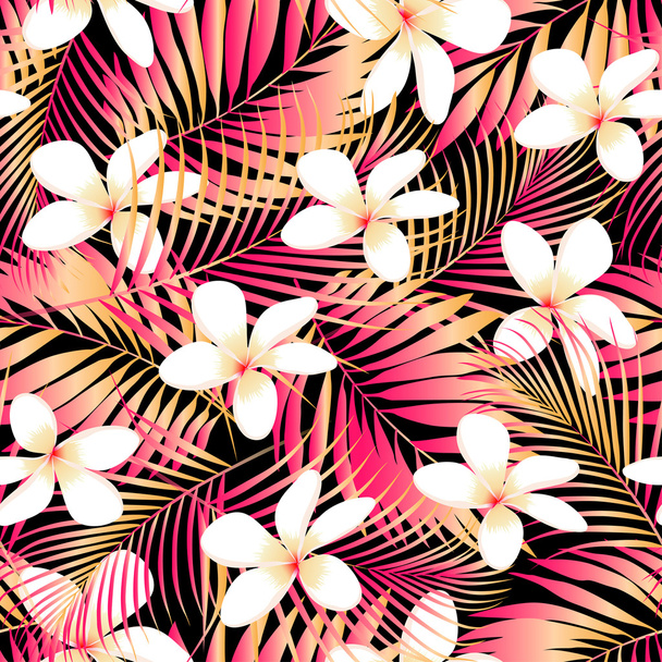 Tropical Plumeria with red and orange leaves seamless pattern - Vector, Image
