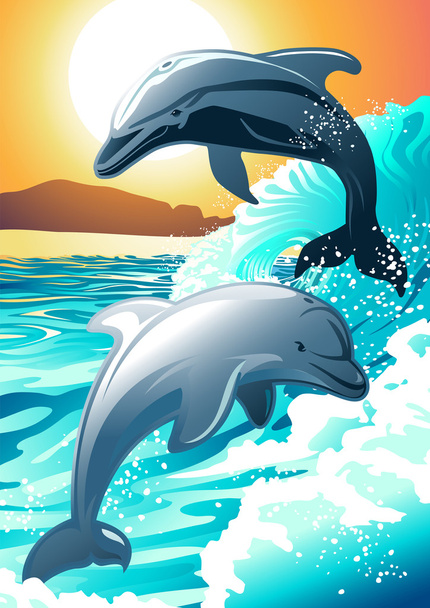 Twee dolfijnen zwemmen op een strand bij zonsopgang - Vector, afbeelding