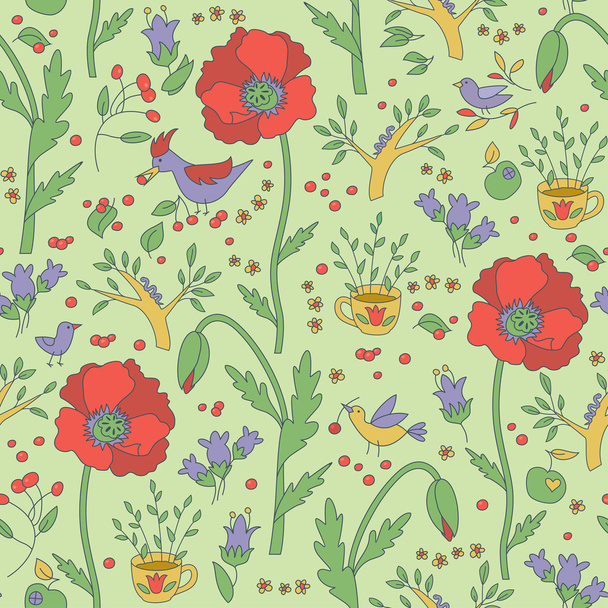 Plants And Birds Seamless Pattern - Vector, Image