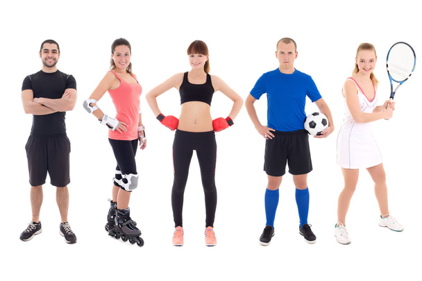 concepto de diferentes deportes - jóvenes en spotswear sobre blanco - Foto, imagen