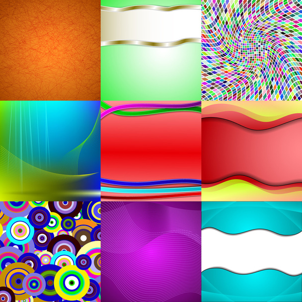 Set van negen verschillende en kleurrijke abstracte achtergronden - Vector, afbeelding