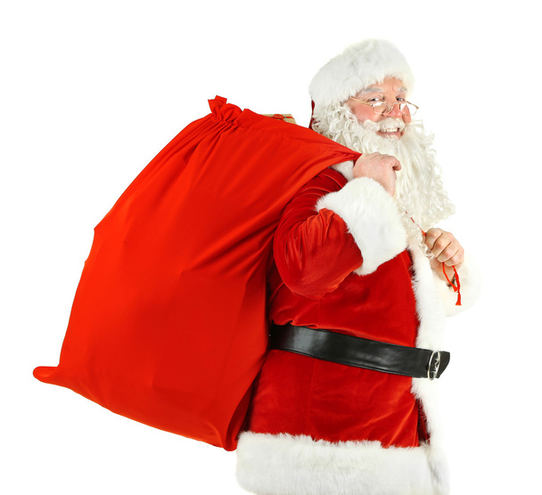 Santa Claus con bolsa, cajas de regalo rellenas aisladas sobre fondo blanco
 - Foto, imagen