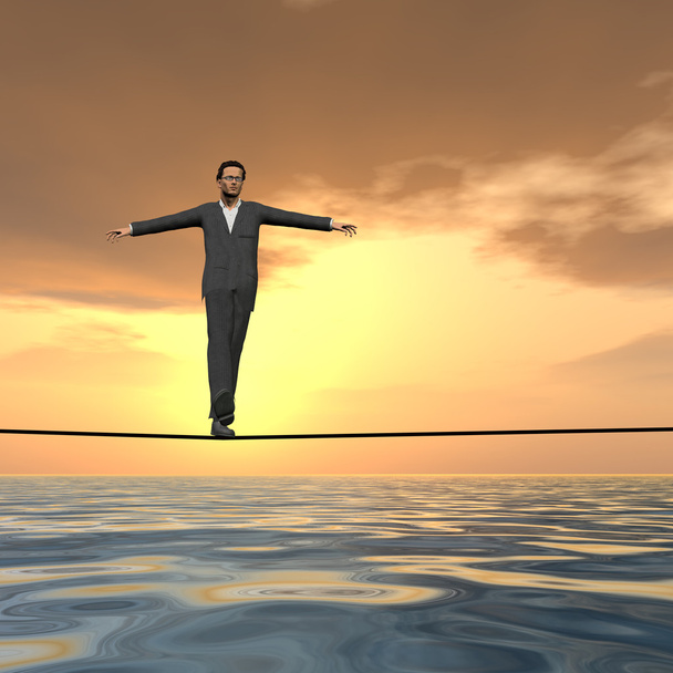 3D businessman in crisis walking on rope - Photo, Image