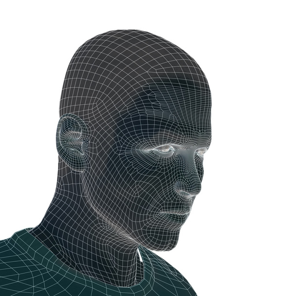 3D wireframe young human man face - Photo, Image