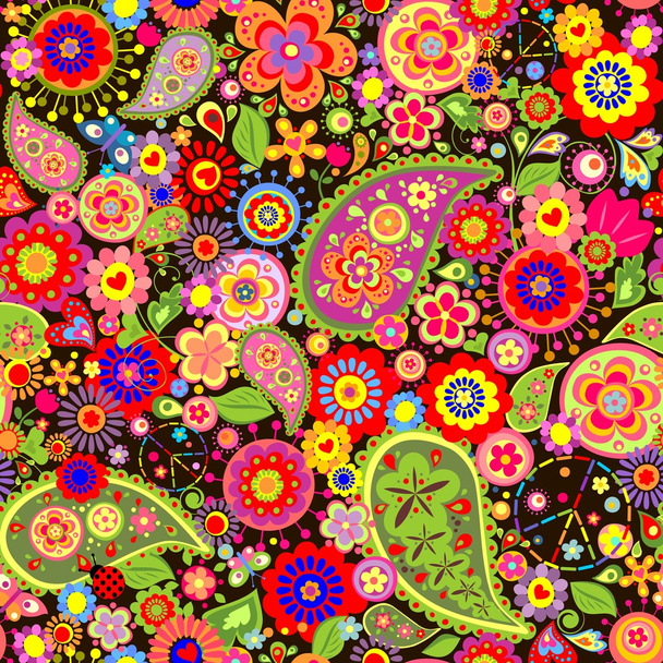 Colorful floral wallpaper with hippie symbolic - Vector, Imagen