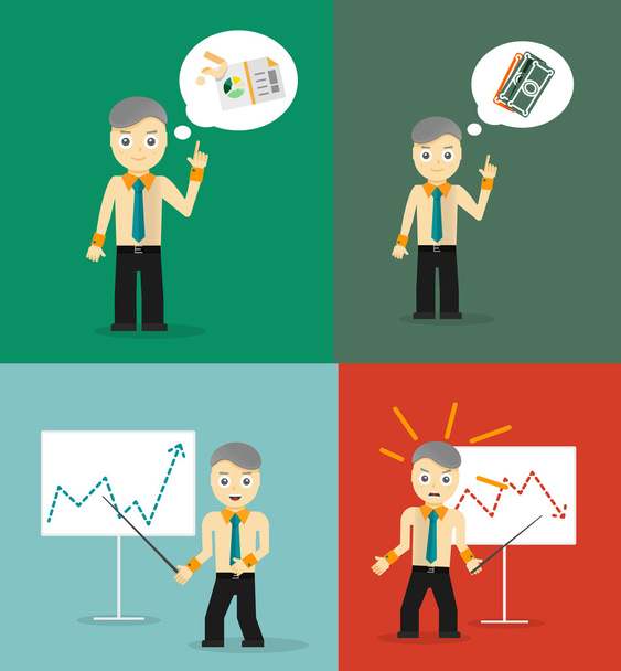 Set of cute cartoon young businessmen. Idea concept and finance report graph - Vector, Image