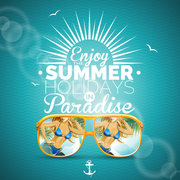 Vector Summer illustration with sexy girl and sunglasses on blue background. - Vetor, Imagem