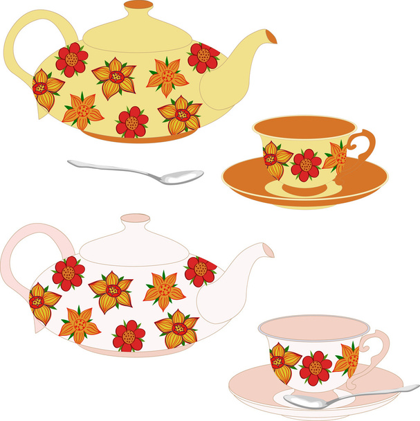 Vektor-Set von Teekannen und Tassen mit Blumen dekoriert. Vektor isolierte Objekte. - Vektor, Bild