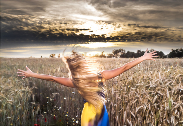 Hermosa mujer rubia en un campo de trigo al atardecer
 - Foto, Imagen