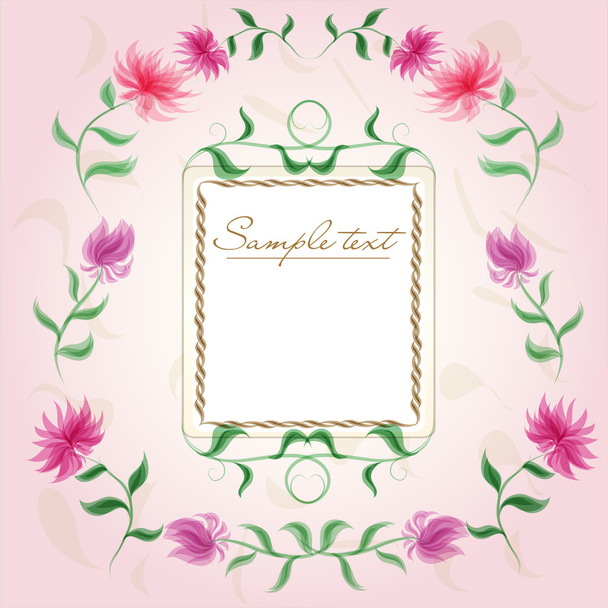 εκλεκτής ποιότητας floral πλαίσιο με χαριτωμένο χρυσάνθεμα και φύλλα σε ροζ φόντο - Διάνυσμα, εικόνα