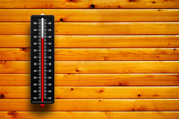 3D θερμόμετρο θερμότητας σε φόντο ξύλου - Φωτογραφία, εικόνα