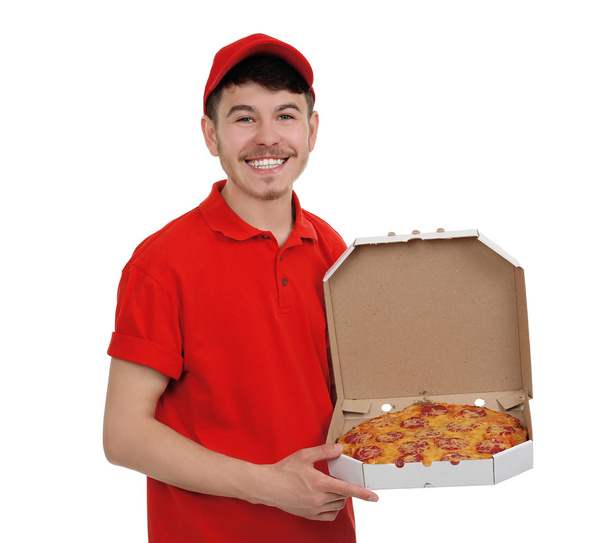 Delivery boy with cardboard pizza box isolated on white - Fotoğraf, Görsel