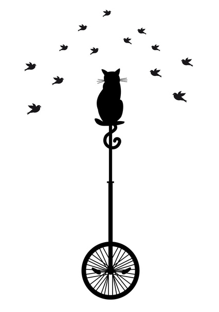 Gato en monociclo con aves, vector
 - Vector, imagen
