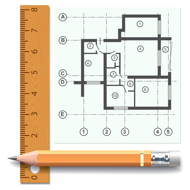 Pencil and ruler on a background of the drawing apartments - Vektor, kép