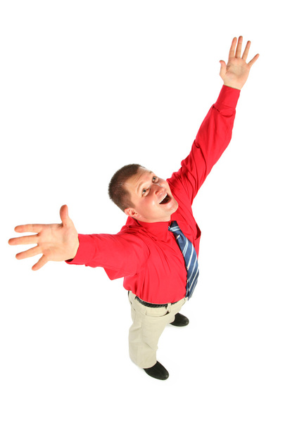 Businessman in red shirt with rised hands, top view - Foto, Imagen