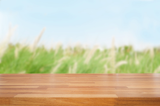 Empty wooden table and green nature background - Photo, Image
