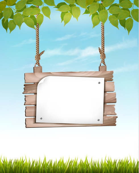 Natural background with leaves and a wooden sign. Vector. - Wektor, obraz