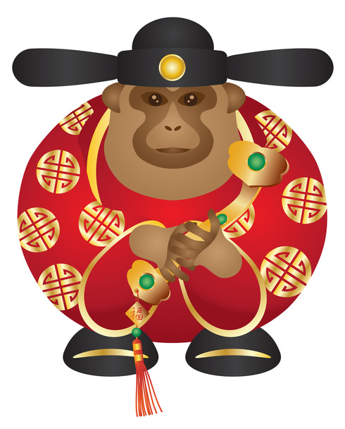 Mono chino del dios del dinero con la ilustración vectorial del color del cetro de Ruyi
 - Vector, Imagen