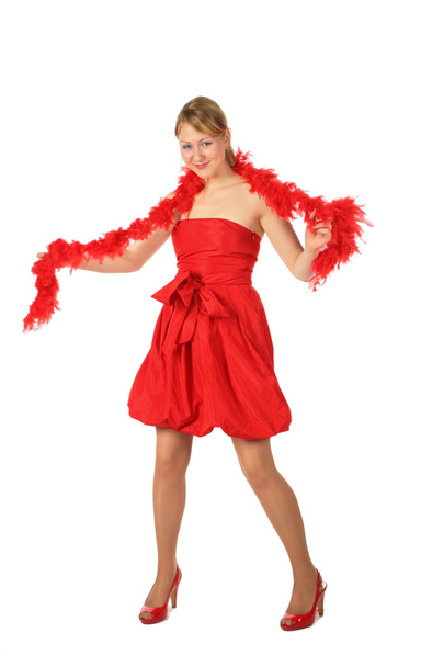 Young blonde girl in red dress and boa - Foto, afbeelding