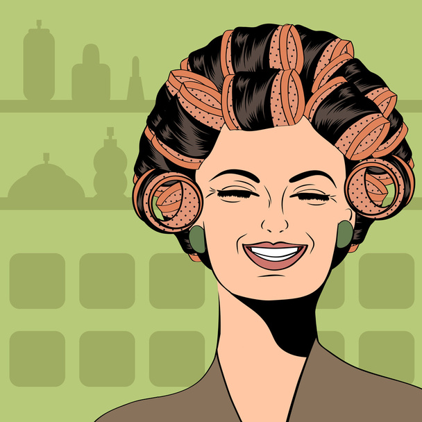 Женщина с бигудями в волосах
 - Вектор,изображение