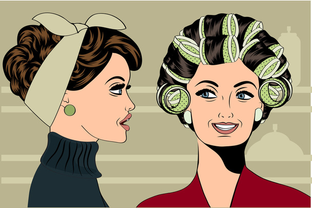 Woman with curlers in their hair talking with her friend - Vector, Image