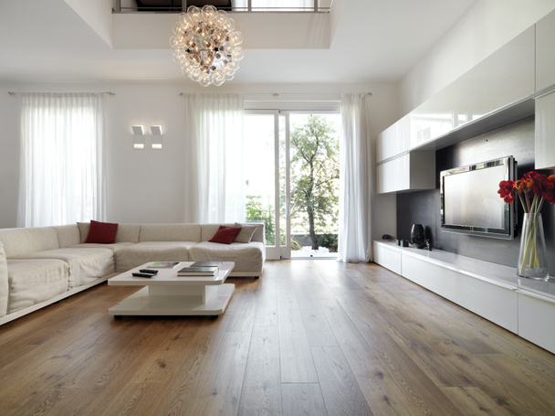 Sala de estar moderna com piso de madeira - Foto, Imagem