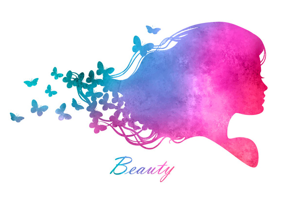 Silhouette head with watercolor hair.Vector illustration of woman beauty salon - Vector, Image