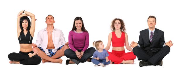 Yoga group with child, collage - Zdjęcie, obraz