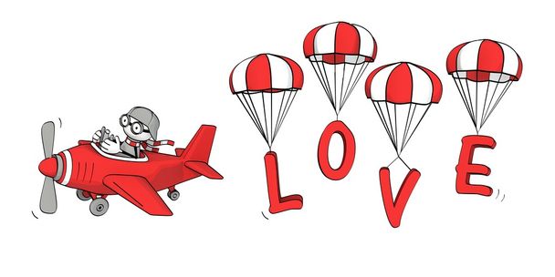 petit homme esquissé volant dans un avion rouge et l'amour avec le parachute
 - Photo, image