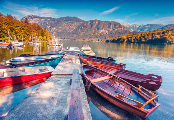 morning on the Bohinj Lake with boats - Photo, Image