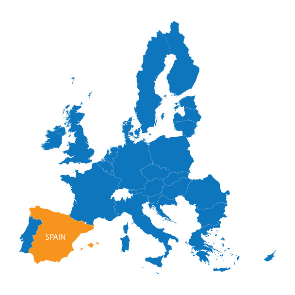 modrá mapa Evropské unie s uvedením Španělska - Vektor, obrázek
