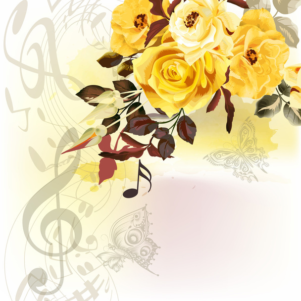 Grunge music romantic background with notes and roses - Vector, Image