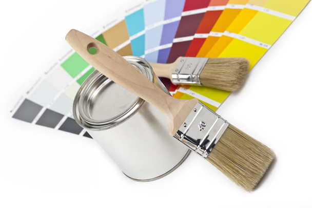 farbe farbfächer pinsel renovieren heimwerker baumarkt Farbtopf - Foto, Bild
