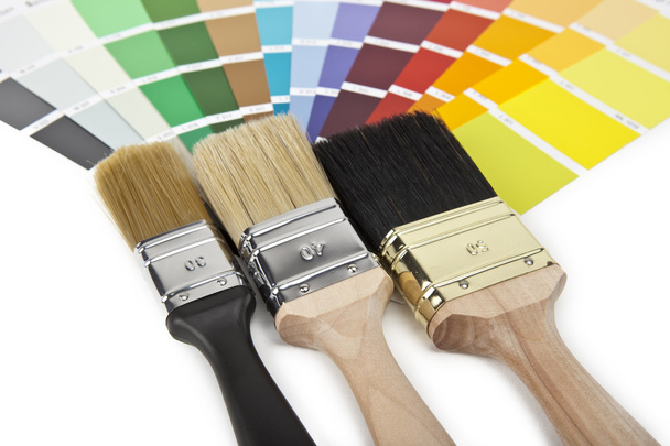 farbe farbfächer pinsel renovieren heimwerker baumarkt Farbtopf - Foto, Bild