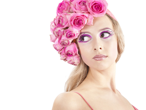 Jovem mulher bonita com flores rosa
 - Foto, Imagem