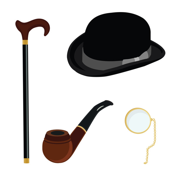 Bowler hat, monocle, smoking pipe and walking stick - Vector, Image