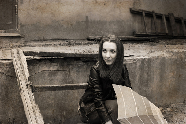 Artwork in retro style, young woman with umbrella sitting near t - Φωτογραφία, εικόνα