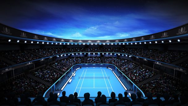 Tennisstadion mit Nachthimmel und Scheinwerfern - Foto, Bild