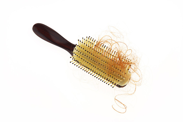 Waman hair loss problem with round hair brush , isolated on whit - Photo, Image