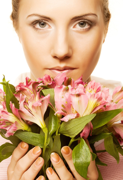 woman with pink flowers - 写真・画像