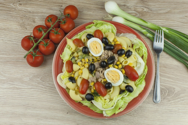 Refreshing summer dish, pasta with tuna, vegetables, olives and egg. Healthy food for athletes. - Valokuva, kuva