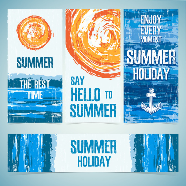A set of banners, cards, headers for the summer holidays. Texture of water and the silhouette of the sun. Place for your text. Vector. - Wektor, obraz