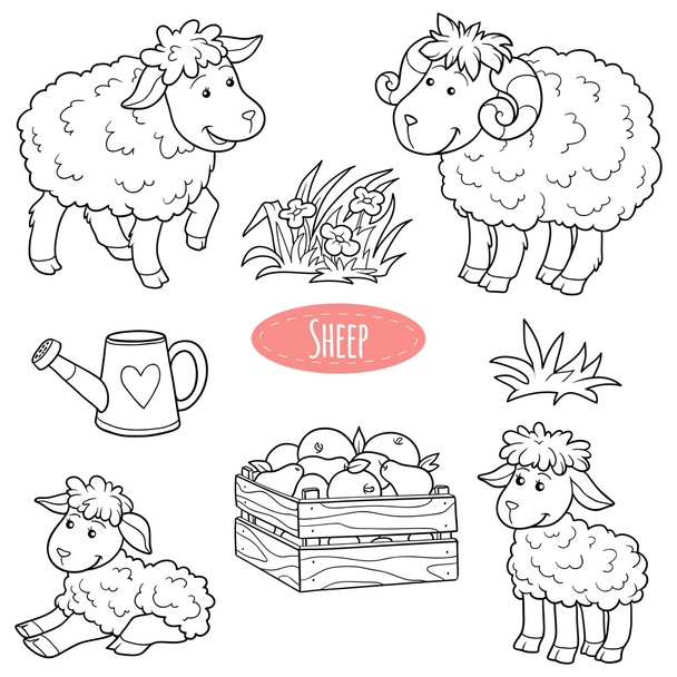 Set of cute farm animals and objects, vector family sheep - Vector, Image